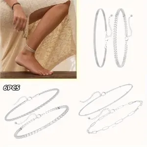 6 Pack Women Silver Anklets Jewelry Layered Cuban Chain Stainless Steel Delicate Bead Chain Bracelet Beauty & Personal Care