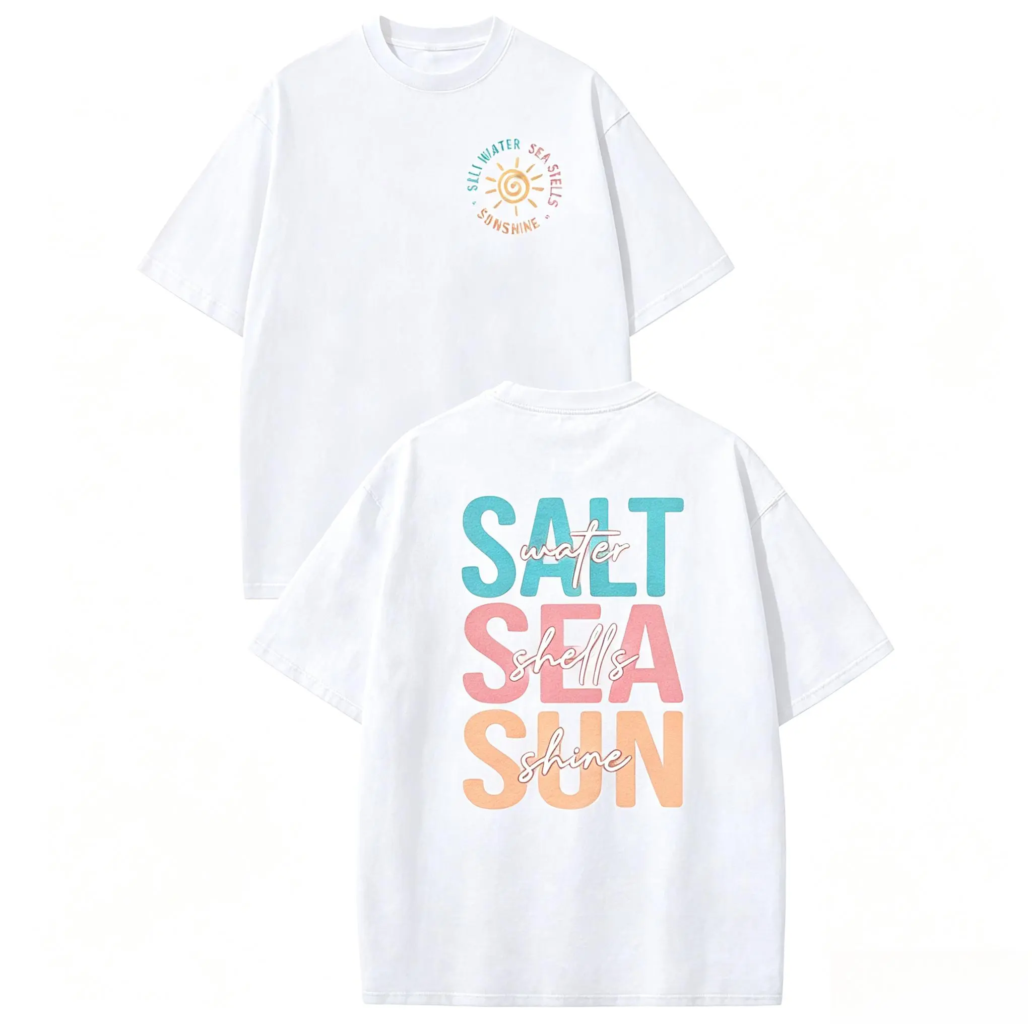 Retro T-Shirt, Women's Stylish Cotton Short Sleeve Tee with Double-Sided Coastal Graphic, Baggy Fit for Sports Wear