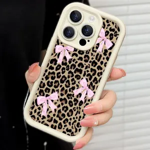 Leopard Print Design with a Pink Bow Pattern Case for iPhone 16 15 14 Pro Max 13 12 11 XR E XS Plus Shockproof Drop Protection Rugged Durable Silicone Cover gift for women men