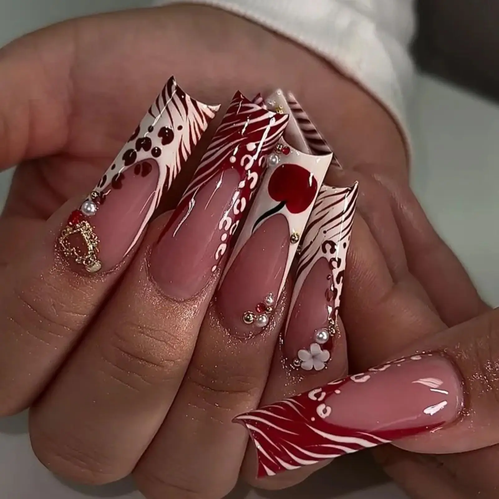Bold Cherry & Floral Press On Nails | Tiger Fake Nails | Zebra Star Cherry Nail Art | Wild Cherry Nail Polish | Red French Tip Press-On Nails/Trendy Reusable Nail Set