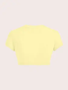 Women's Minimalist Slim-Fitting Plain Short-Sleeve Cropped T-Shirt - Cream Yellow Solid Knitted Casual Round Neck Basic Top, Suitable for Back to School