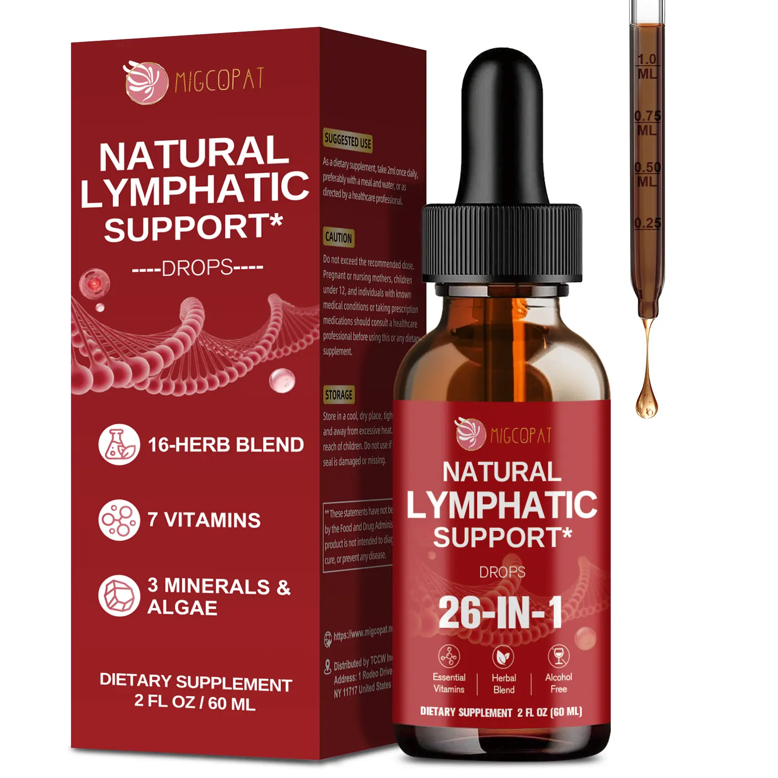 Migcopat 26-in-1 Liposomal Lymphatic Drainage Drops - Strawberry Flavor Herb Blend for Immunity Boost, Echinacea, Turmeric, Elderberry, Dandelion, Vitamins, Mullein, Lung & Liver Support, Cleanse Detox Repair, 2 fl oz,#backtoschoola