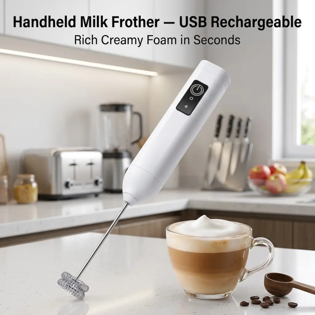 Handheld Stainless Steel Milk Frother, Compact USB-C Rechargeable Electric Foam Maker with High-Powered Turbo Engine, Dual Whisks, 3 Speeds, 1-Button Operation, Lightweight Portable Mixer for Morning Coffee & Protein Powder