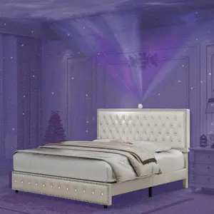 Full Size Bed Frame with Star Projector Galaxy Light, Adjustable Upholstered Headboard with Diamond Button, USB Charger, Music Speaker, Velvet-B2727P253418