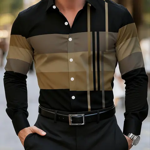 Men's Creative Print Long-Sleeve Collared Button Shirt, Fitted Business Casual Style for All-Season Wear, Collared Shirts