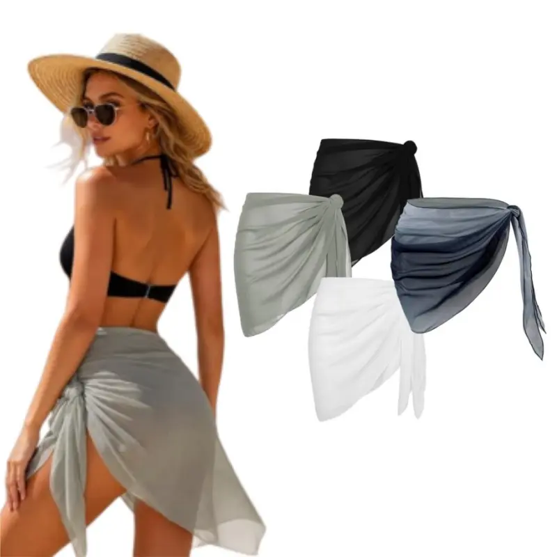 4pcs Women's Chiffon Sarong Wrap Cover Up, Sheer Bikini Swimsuit Wrap Skirt, Beach Pareo for Swimwear, Black/White/Grey/Gradient, Chiffon Beach Wrap Skirt