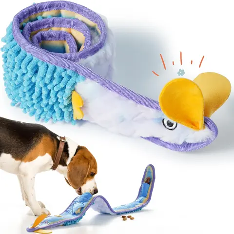 Nocciola Blue Ribbon Eel Snuffle Dog Toy - 31.1" No-Stuffing Squeaky Long Snake, Mop Velvet Soft Fabric, Crinkle Paper, Teeth Cleaning, Treat Finder, Strong Stitching & Tugs, Polyethylene, Animal Print, Squeak Sound, All Breeds Christmas Gift
