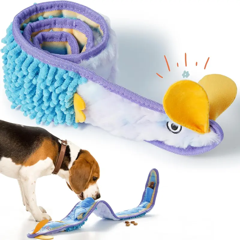 Nocciola Blue Ribbon Eel Snuffle Dog Toy - 31.1" No-Stuffing Squeaky Long Snake, Mop Velvet Soft Fabric, Crinkle Paper, Teeth Cleaning, Treat Finder, Strong Stitching & Tugs, Polyethylene, Animal Print, Squeak Sound, All Breeds Christmas Gift