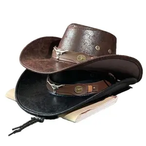 Western Cowboy Cracked Cow Head Vintage New Outdoor Travel Concave Top Cowboy Rider Hat for Men and Women style