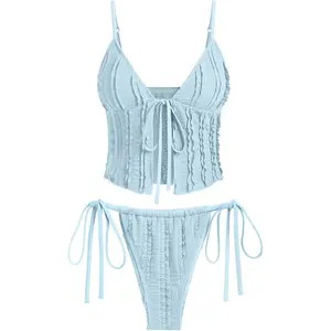 Women's Tankini Sets Tie Front Ruffle Bikini Set High Cut Thong Two Piece Swimsuit Floral Gingham Bathing Suit