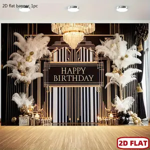2D flat banner, 1 piece. It features a large black and white striped wall decoration inspired by "The Great Gatsby", accompanied by golden decorations, Art Deco-style chandeliers, and feather garlands. kdj