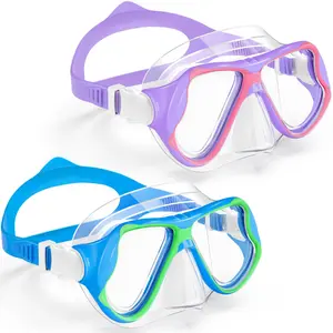 Freela 2 Pack Kids Swim Goggles Diving Mask for Youth 5-14, Tempered Glass Lens 180° HD View with Nose Cover for Pool Beach
