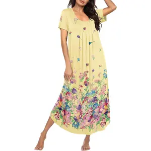Long Nightgowns for Women Plus Size House Dress Short Sleeve Night Gown Pleated Full Length Loungwear S-4XLGift