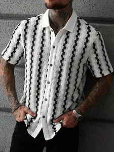 Men's Knitted Jacquard Geometric Plaid Patchwork Fitted Long Shirt, Stylish Street Style Casual Wear, Comfortable and Durable, Perfect for Daily Use