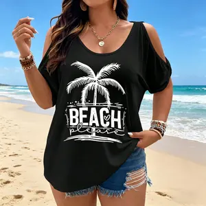 Beach Please Palm Tree And Ocean Waves Design Women Cold Shoulder Tops Summer Short Sleeve Shirt Plus Size