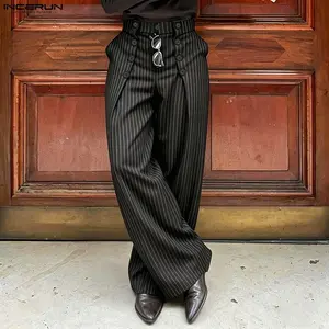 INCERUN Men's Quiet Luxury Pinstripe High-Waist Dark Academia Double-Breasted Wide-Leg Trousers