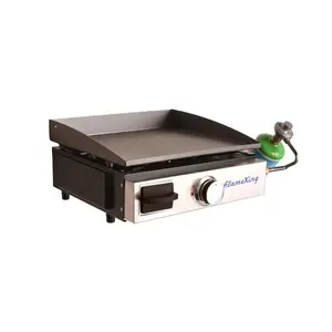 Flame King Portable Propane Flat Top Grill Griddle, 12,000 BTU Tabletop Cast Iron Cooking Station w/ Non-Stick Surface, Grease Cup