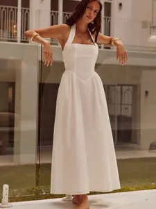 Women's Summer Fashion Wide Strap Backless Dress, Elegant Halter Neck Design, Perfect for Casual Wear & Parties,White linen summer dress,Backless beach vacation dress,A-line flowy summer dress,Sexy backless long dress,formal party maxi dress