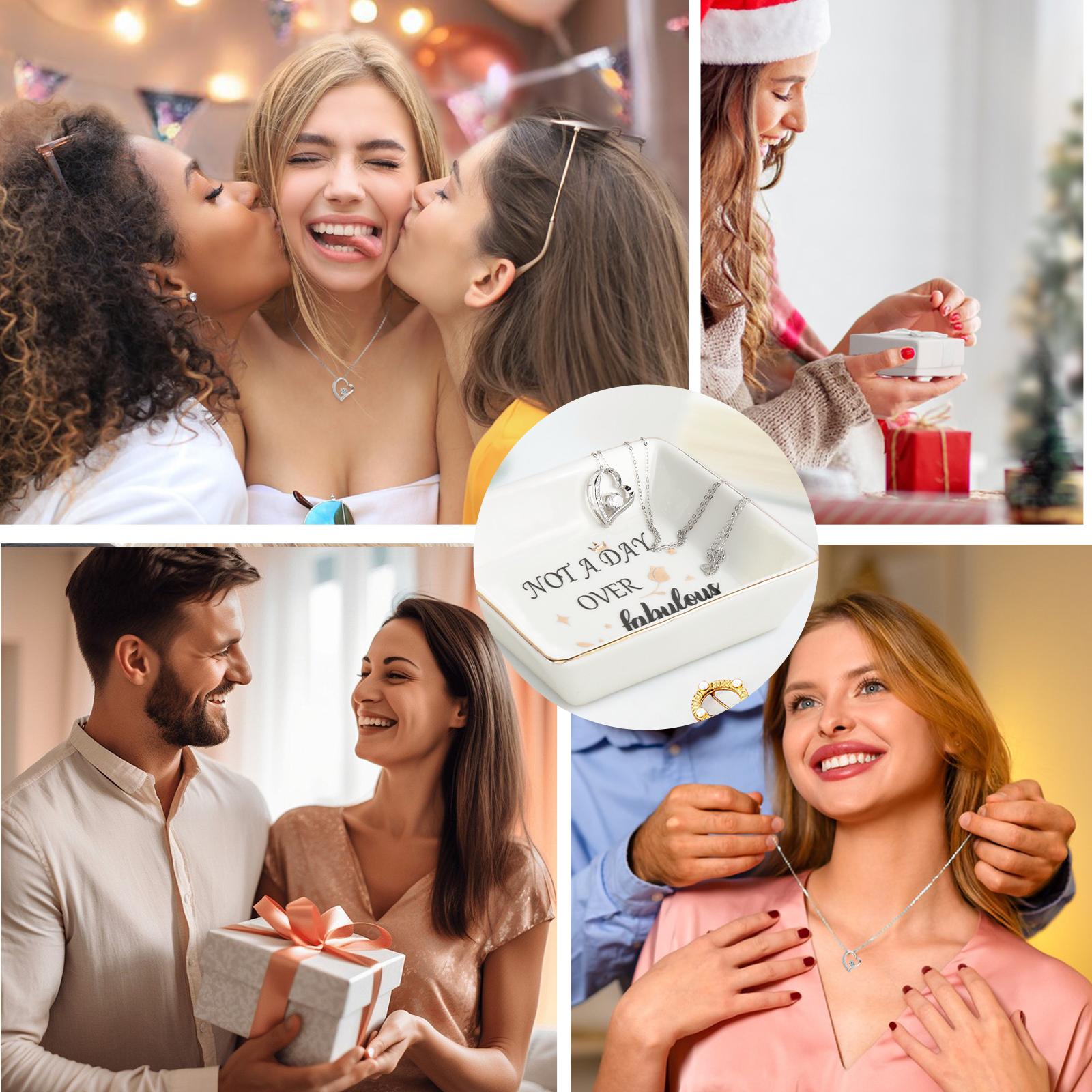 Not A Day Over Fabulous Jewelry Dish with Heart Pendant Necklace, Trinket Tray Gift Set for Women, Birthday Christmas Valentines Mothers Day Gifts for Her, Wife, Mom, Sister, Friend