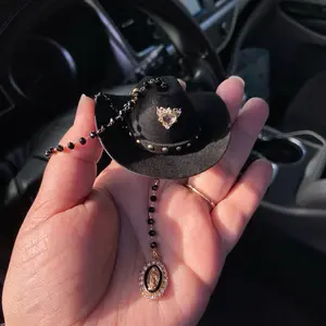 Virgin Marry Car Blessing Charm. Handmade Protection Gift Decoration, Black Sombrero