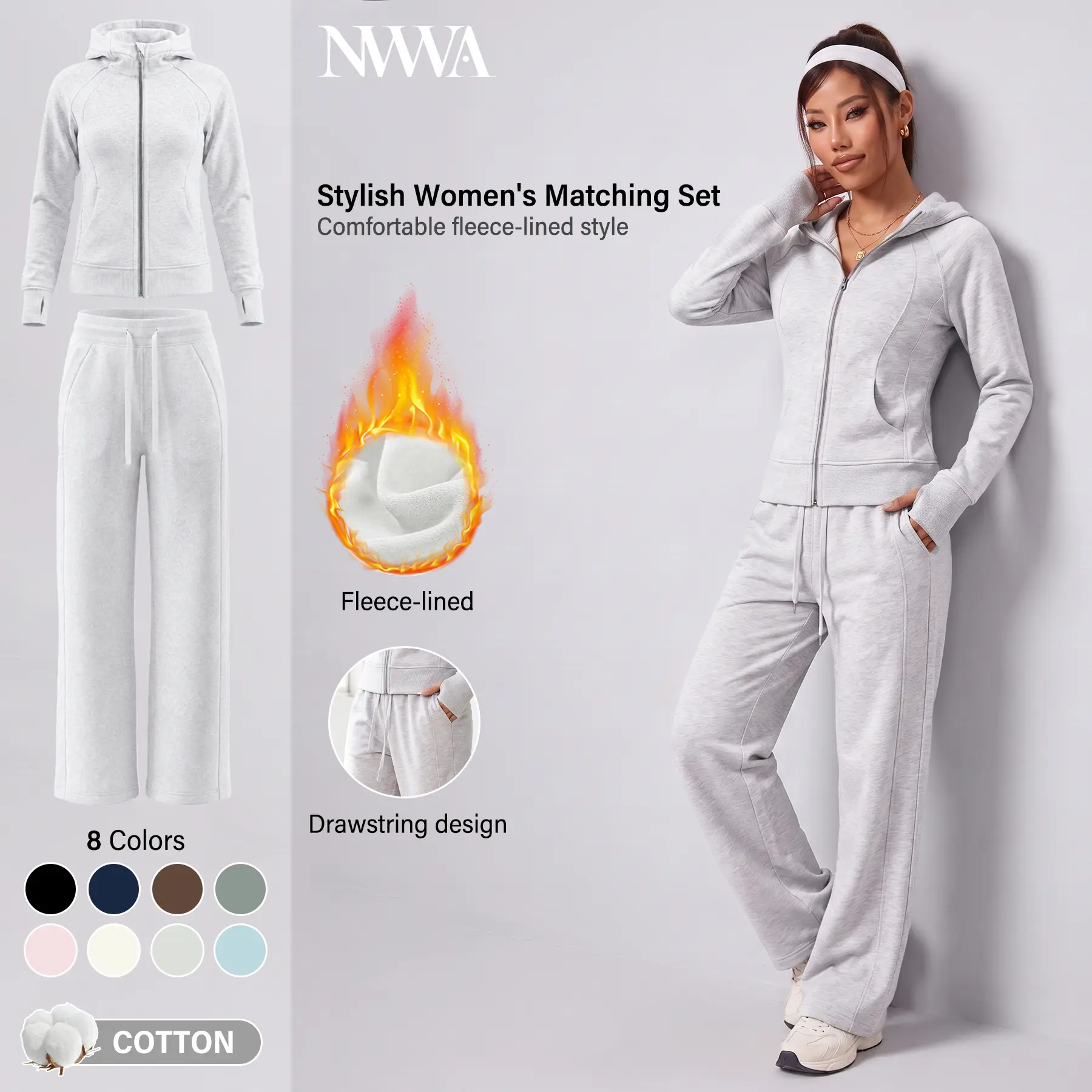 NVWA Women's Fleece Zip Up Hoodie or Wide Leg Sweatpants, Sold Individually, Woman 2 Piece Set Style, Thick Warm Athletic Loungewear, Cozy Fall Winter Outfits