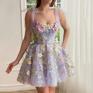 Summer Floral Tie Strap Tulle Prom Dresses for Women  Fairy Embroidery Lace Applique Party Mini Princess Dress