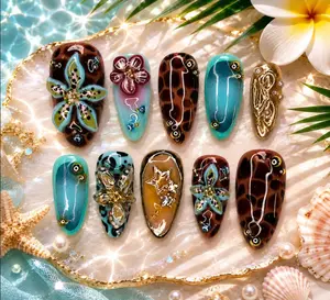 Aqua Blue Summer Beach Hand-Painted Press On Nails, 3D Tropical Leopard Gold Charm Nail Art Set, Mermaid Summer Vibe Gif For Her, Holiday & Vacation Party Gif