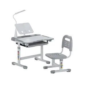 VEVOR Kids Study Chair and Desk Set, Study Desk and Chair for Kids with Table Lamp, Adjustable Height 0-40 Tilted Desktop Kids Desk and Chair, Children Study Table for Bedroom Study Room, Grey