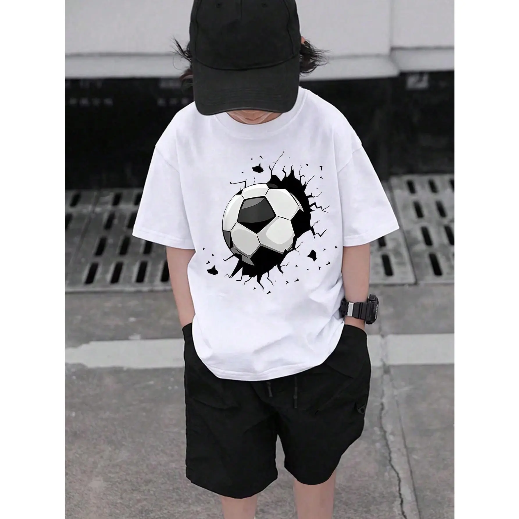 Boys' Casual Drop Shoulder Cute Graphic T-Shirt - Torn Effect Football Anime Print, Soft Round-Neck Short-Sleeve, Streetwear for Tweens, Sibling Matching Summer Everyday Top, Drop Shoulder Shirt, Cute Graphic Tee