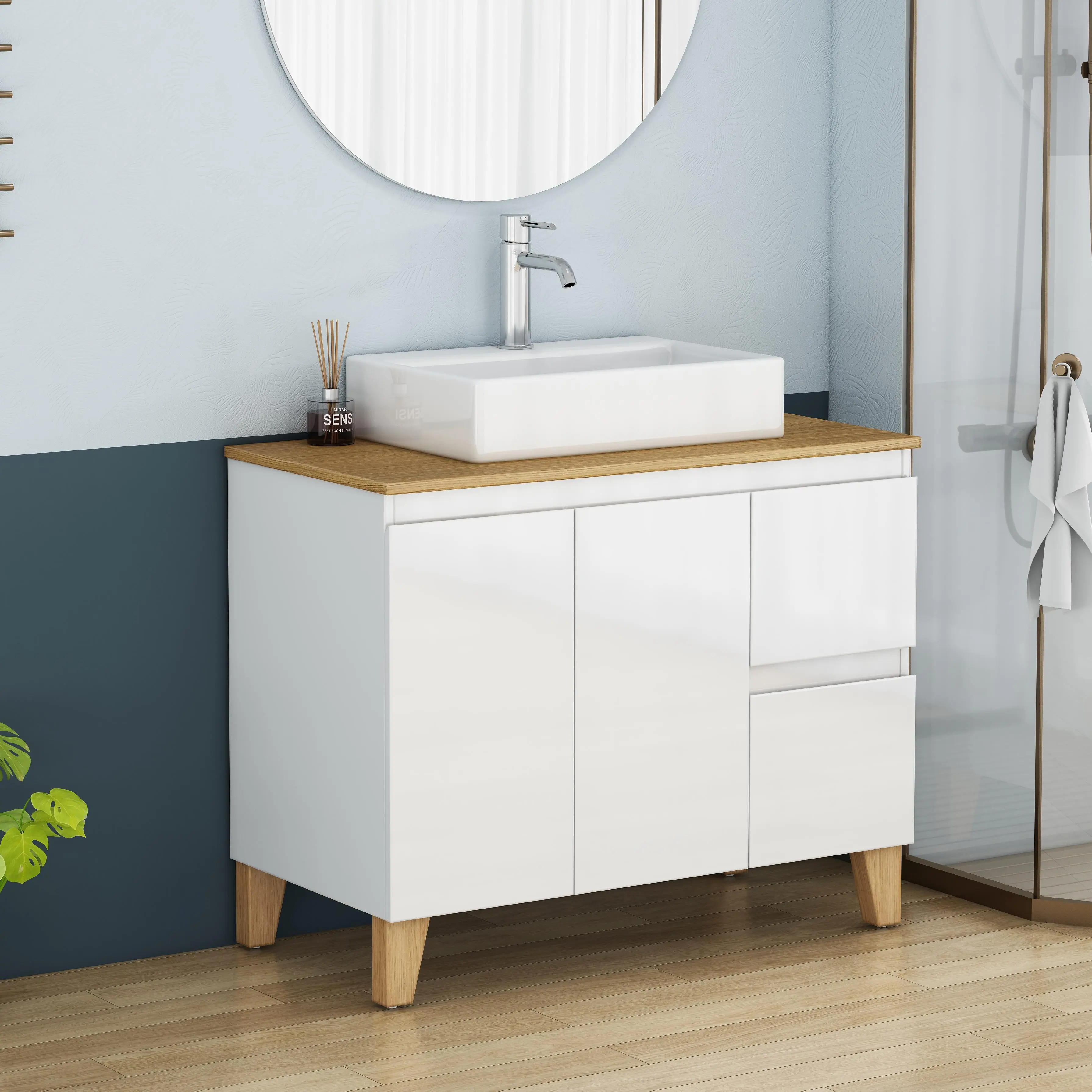 36-Inch Modern Bathroom Vanity with Sink Combo, Glossy White, 2 Soft-Close Doors & 2 Big Drawers, Handle-Free Design, Natural Solid Wood Top & Feet, Square Ceramic Countertop Basin, Floor Cabinet for Bathroom Storage, Bathroom Furniture