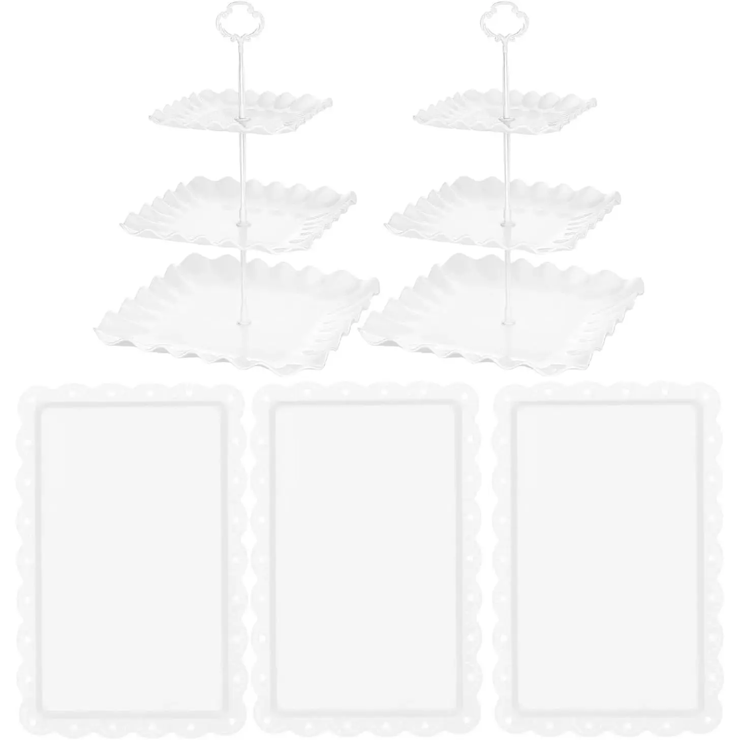 5 count Cupcake Stand Set - Plastic Dessert Table Display Set, 2 White Square 3 Tier Cupcake Display Stands Cookie Tray Rack Serving Tower & 3X 14 in Plastic Trays for Wedding  Shower  Party