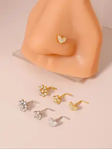 3-Piece Set of 14k Gold-Plated Flower-Shaped Nose Studs for Women, Aaa Sparkling Cubic Zirconia Heart & Flower Nose Studs with Ball Pins