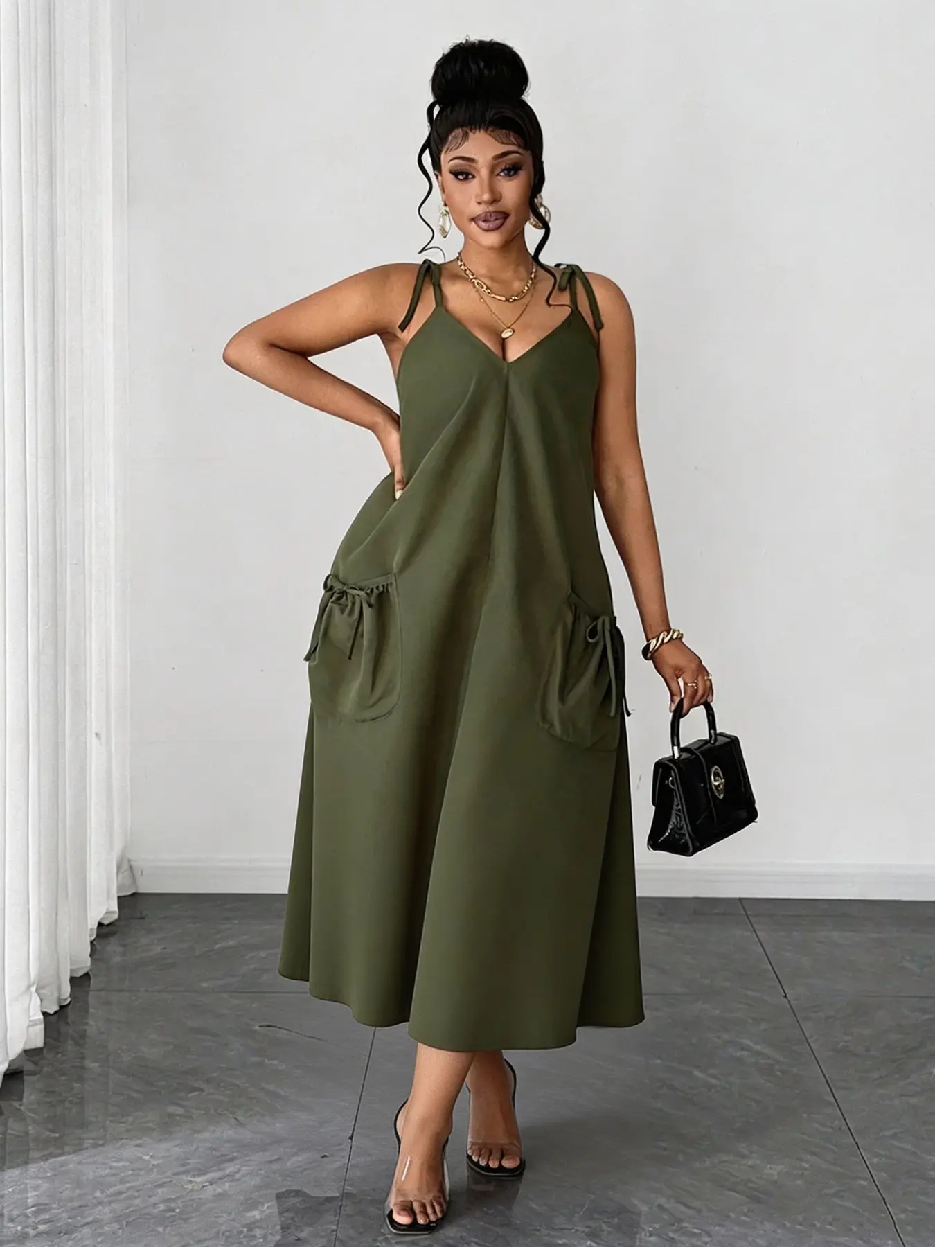 Plus Size Women's Military V-Neck Halter Dress, Tie Waist Pocket Long Dress, Summer Casual Fashion, Home, Vacation, Outing - TikTok Shop Plus Size Women's Military V-Neck Halter Dress, Tie Waist Pocket Long Dress, Summer Casual Fashion, Home, Vacation, Outing - TikTok Shop
