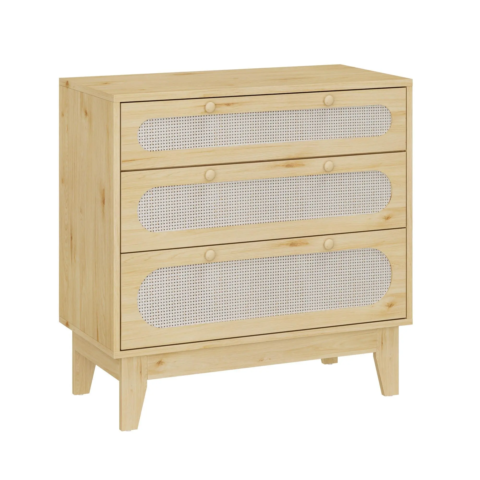 Rattan 3 Drawer Dresser with Modern Farmhouse Wooden Chest, Narrow Bedside Nightstand and Accent Side Table for Bedroom and Living Room, Natural