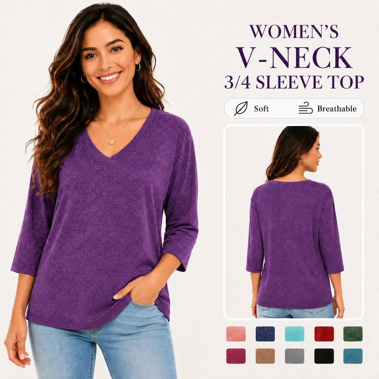 Women's Minimalist 3/4 Sleeve V-Neck Polyester Top - Comfortable Solid Color Loose-Fit Piece, Soft Lightweight Summer Blouse for Casual Office & Daily Wear, S-5XL
