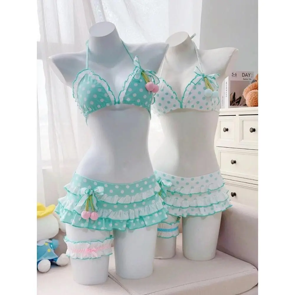 Women Y2k Sweet Bikini Set Japanese Kawaii Print Ruffles Lolita Swimsuit Crop Top + Skirt Two Piece Swimwear Beach Wear
