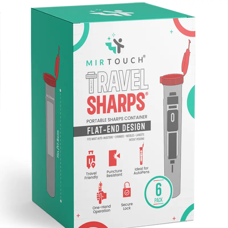 Travel Sharps Flat-End 1x7in Portable Sharps Container, Puncture-Resistant 1-Handed Use for Needles, Syringes, Auto Pens, Safe Healthcare Disposal & Storage