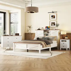 3-Piece Queen Size Bedroom Furniture Set, Wood Platform Bed with Double Sliding Door Storage Headboard, Storage Nightstand and White Dresser