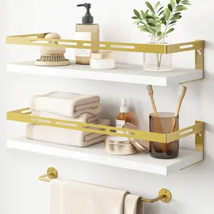 Floating Shelves for Bathroom Organizer Over Toilet, Wall Mounted Bathroom Shelves with Towel Bar, Wall Shelf for Bedroom Kitchen Living Room Storage (White-Gold)