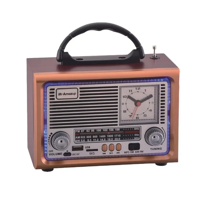 Multifunctional radio with wood-grain finish, wireless speaker, Bluetooth radio, TF card player, AM/FM/SW radio, stereo speaker, MP3 player, radio, home sound system, outdoor speaker, Usb Rechargeable, Audio, Clock, Retro, Portable