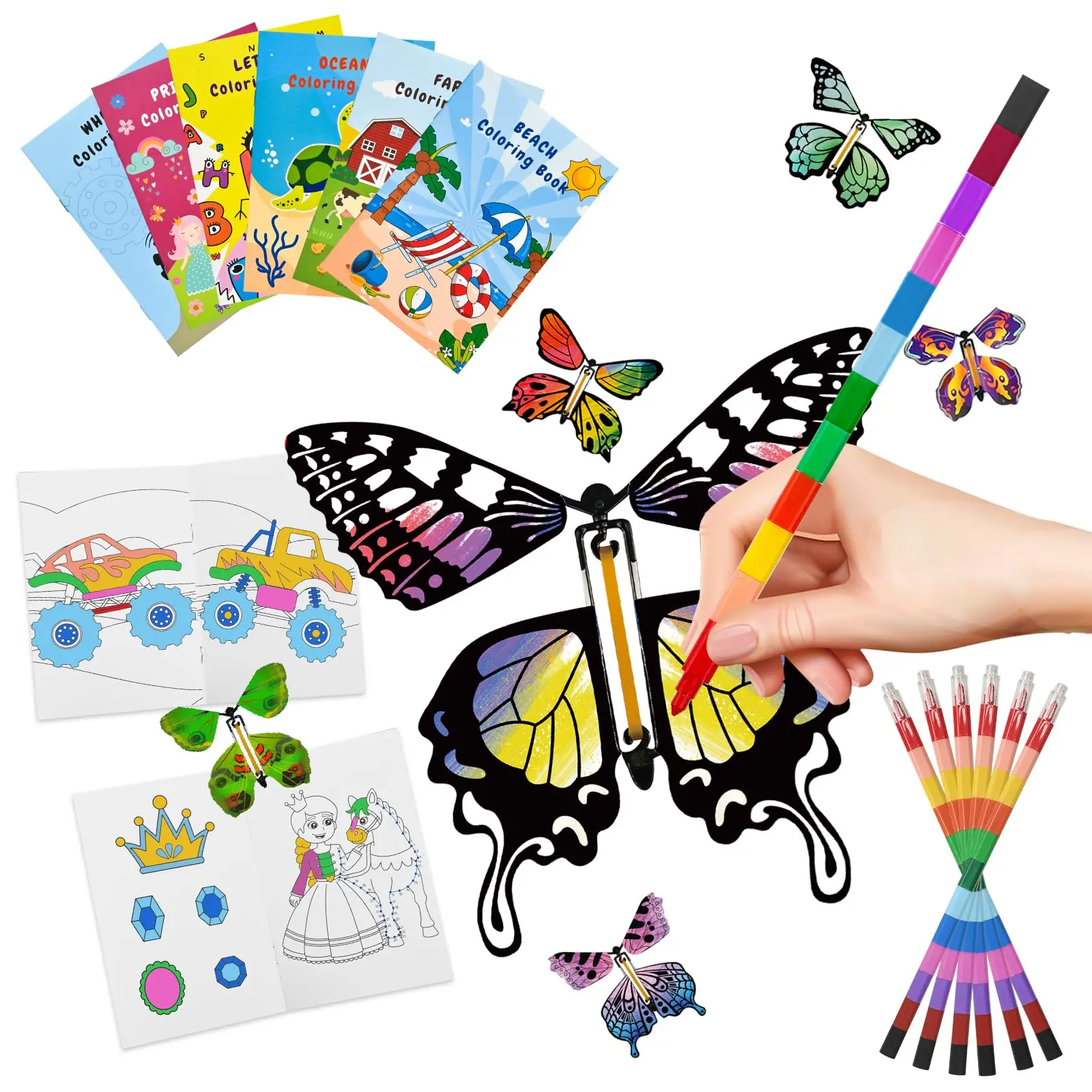18Pcs Flying Butterfly Craft Kit with Painting Brushes Coloring Books Paper Butterflies and Wind-Up Toys - DIY Gifts for Kids' Birthdays Parties and Outdoor Fun