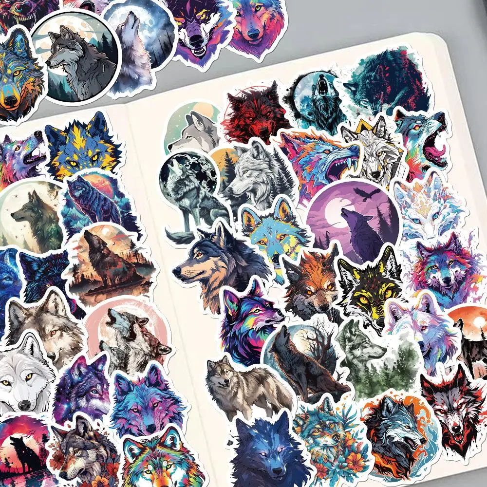 Wolf Pattern Sticker, 50pcs/set Waterproof Durable Self Adhesive Decor Paper, Decor Sticker for Gift Greeting Card Water Bottle Laptop Phone Cellphone, Sticker Packs, Art Stickers, Scrapbook Materials