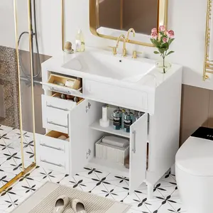 36'' Bathroom Vanity with Top Resin Sink, Freestanding Bathroom Storage Cabinet with 2 Drawers and a Tip-out Drawer, Solid Wood Frame Vanity Set, Height Adjustable Shelf