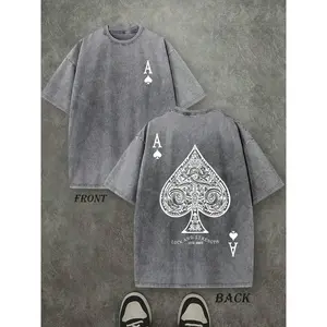 Retro Washed T-Shirt Double Sided Printed (230 Pure Cotton T-Shirt) 'LUCK AND STRENGTH' Letter And Ace Of Spades Pattern Print, Men's T-Shirt, Men's Casual, Comfortable, Fashionable T-Shirt, Street Style Cotton