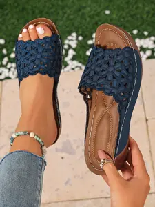 Women's Hollow Out Embroidered Flower Wedge Sandals, Bohemian Style Summer Soft Sole Rubber Anti-Slip Outdoor Slippers, New 2026 Model, Boho Style Sandals