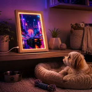 Pet Home Glow Frame, USB Powered Light-Up Wooden Art Frame with White Oak Finish, Ambient Desk Decor for Bedroom, Gaming Room, Shelf & Pet-Friendly Homes