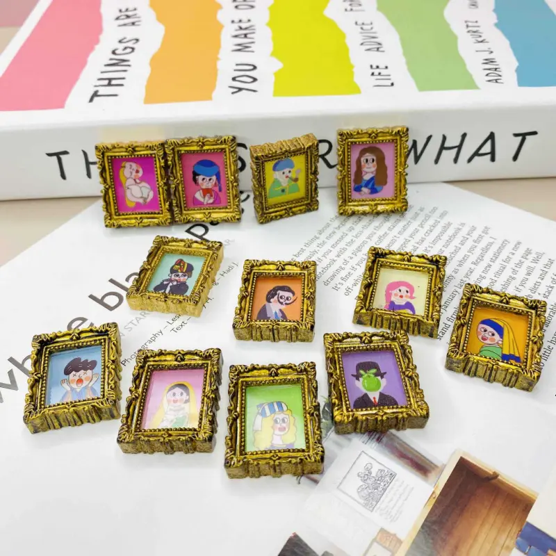 12-Piece Set New Hot Sale Mini Art Photo Gold Silver Frame Creative Small Ornaments DIY Cream Glue Phone Case Materials Refrigerator Decorating Magnet Refrigerator Magnets DIY Fridge Magnets