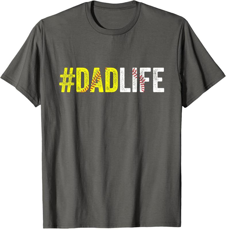 Dad Life Softball Daddy Baseball Sports Lover Father's Day Men's Letter Print Solid Round Neck Tee, Regular Fit Casual Short Sleeve T-shirt, Graphic Summer Outfits, Daily Outdoor