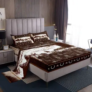Feelyou Queen Size Western Sheet Set - Rustic Farmhouse Bedding Set, Cowboy Horse Print, Brown-White Country Wild West Style, Deep-Pocket Down Sheets for Home Decor