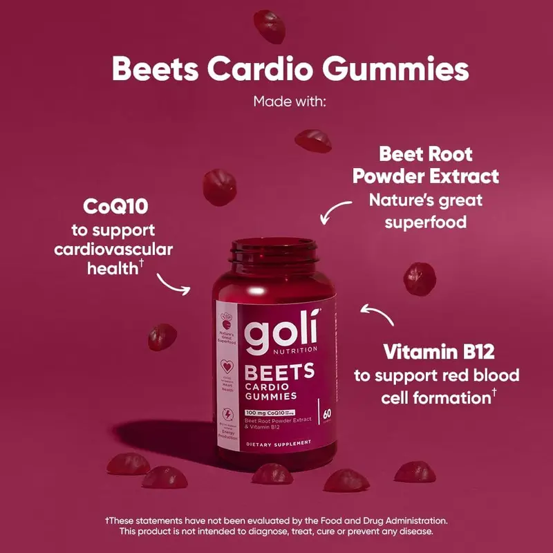Goli Beets Cardio Gummy - Beet Root Extract & 100mg CoQ10, Gluten-Free, Vegan, Non-GMO, and Gelatin-Free. Nature's Great Superfood 1